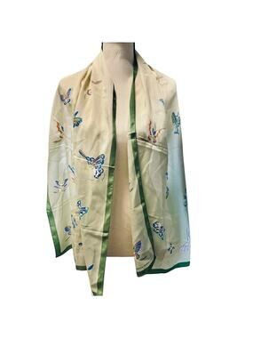 Vintage 70's Metropolitan Museum of Art 100% Silk Butterfly Scarf Green 60 x 17